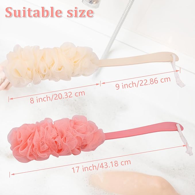 2Pack Back Scrubber for Shower Loofah with Long Handle, Shower Brush for Body, 17″ Loofah on a Stick for Men Women Bathing Accessories, Scrubber Sponge for Exfoliating Bath Brushes (Beige & Pink)