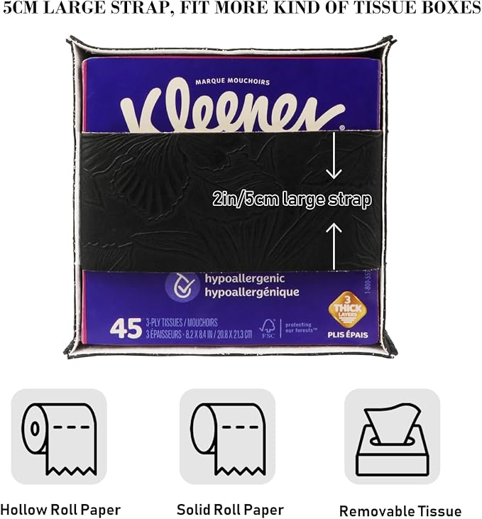 Tissue Box Holder Cover Square Tissue Cube Cover PU Leather Tissue Organizer with Bottom Belt for Bathroom, Tabletop, Kitchen, Night Stands, Office, Home, Car (2, Black)