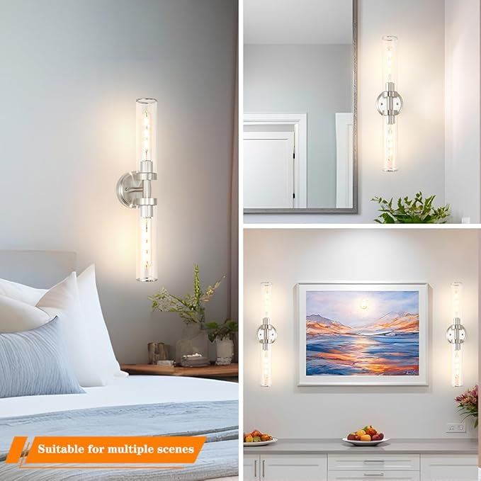 Brushed Nickel Wall Sconces Set of 2, Modern Bathroom Vanity Lights for Mirror, Hardwired Glass Wall Light Fixtures with E26 Base (Bulbs Required) for Bathroom, Bedroom, Hallway, 22.05 Inch