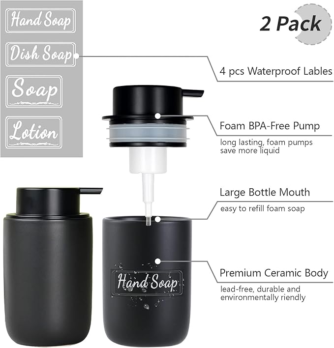 BosilunLife Foaming Soap Dispenser Set - Black Ceramic Foam Hand Dispenser 12oz Soap Dispenser Set with Rust Proof Pump, 4Pcs Clear Stickers for Kitchen, Bathroom - 2 Pack