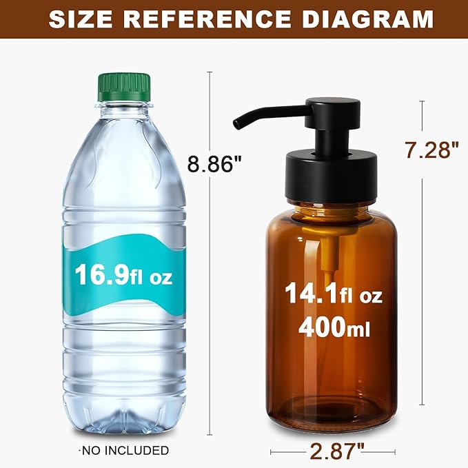 Amber Foam Soap Dispenser, 14.1 oz/400ml Foaming Hand Soap Dispenser, 2 Pack Glass Foaming Dispenser for Bathroom & Kitchen, Refillable Liquid Dispenser Bottle with Waterproof Labels