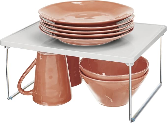 mDesign Metal Stacking Storage Organization for Shelves Inside Cabinets in Kitchen, Pantry, Cupboard, or Fridge/Freezer - Organizer Stand for Food, Plates, Bowls, Mugs, Ligne Collection - Stone Gray