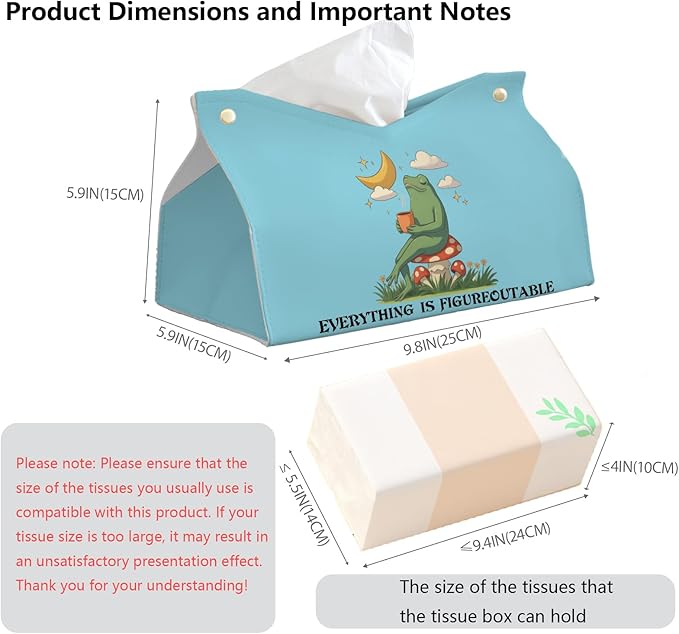 Bule Frog Motivational Tissue Box Cover,Mental Health Inspirational Toilet Paper Box Holder,Leather Decorative Facial Paper Case for Living Room Bathroom Kitchen Office Desk,9.8x5.9x5.9