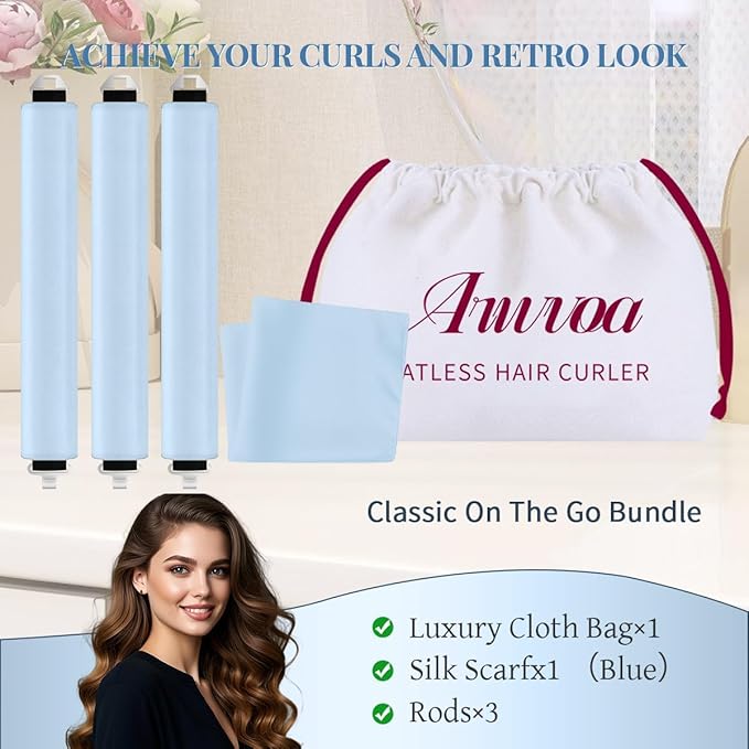 Heatless Hair Curler Heatless Curls Overnight Heatless Blowout with Luxury Cloth Bag Silk Scarf, Curling Rod Headband to Sleep in No Heat Curling with (Blue, 3Rods)