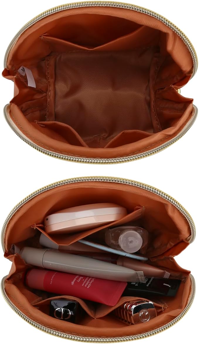 Small Makeup Bag Travel Cosmetic Bag Toiletry Zipper Pouch Make Up Organizer Bag with Handle Purse for Women Soft PU Leather Skincare Case (S01-Beige)