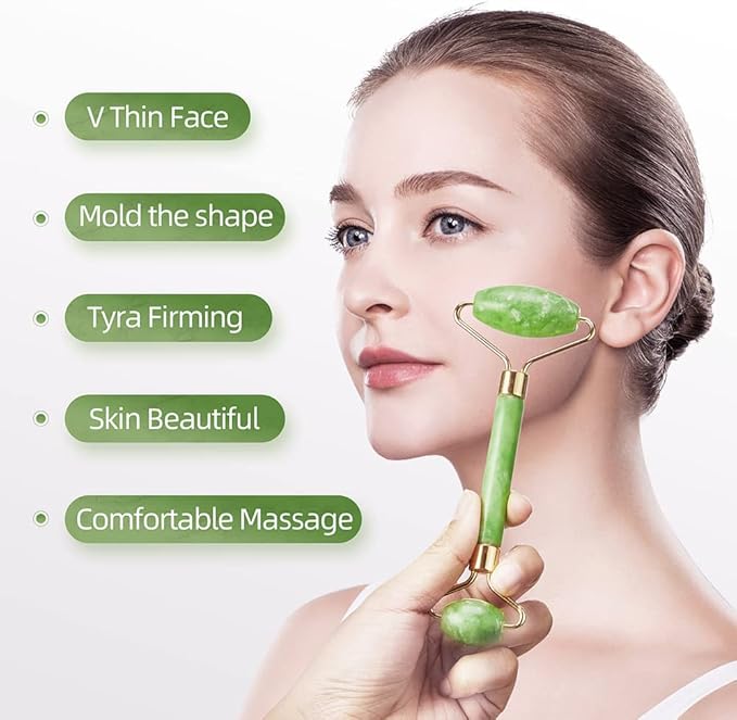 AECW 3-in-1 Natural Jade Roller and Gua Sha Set for Face and Eye Ice Roller Facial Cooling Massage Roller (Light Blue Ice Roller + Jade Roller + Gua Sha)
