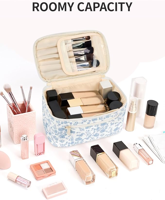 Wandering Nature Makeup Bag, Travel Make Up Organizer Cosmetic Brush Bags Case for Women in Quilted Fabric, Blue Flower, Patent Pending