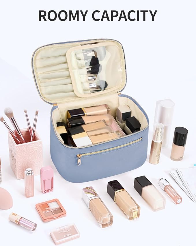 Wandering Nature Large Makeup Bag, Travel Make Up Organizer Cosmetic Brush Bags Case for Women in Fabric,Blue,Patent Pending