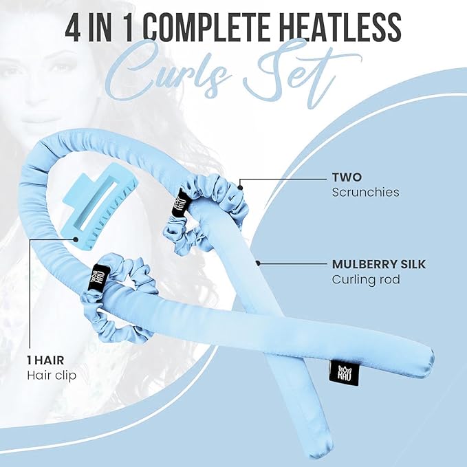 KAV 100% Mulberry Silk Heatless Curling Rod Headband Set with Clip & Scrunchies – Overnight Heatless Hair Curler for Women, No Heat Damage, Soft Hair Roller for Natural Curls & Waves