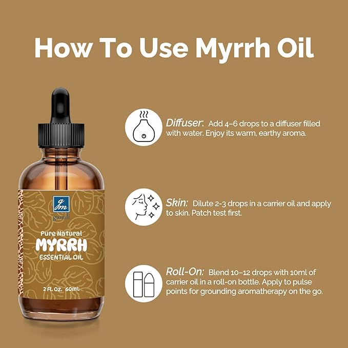 Myrrh Essential Oil 2 Oz, 100% Pure Natural Myrrh Oil for Diffuser, Skin, Hair, Body & Face, Massage, DIY & Home Use