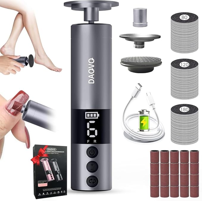 Electric Foot Callus Remover, 2-in-1 Cordless Pedicure Tools for Feet and Nail File with 80PCS Sandpaper Discs(3 Sizes), Aluminum Body with Adjustable Speed for Dead Skin, Cracked Heels & Home