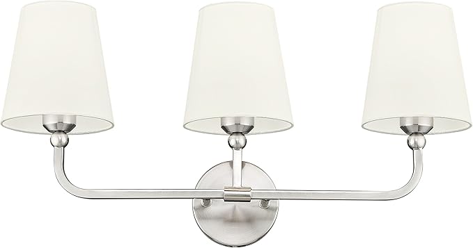 3-Light Bathroom Light Fixtures, Brushed Nickel Vanity Lights with Beige Fabric Shade, Modern Sconces Wall Lighting for Hallway Bedroom, Upward Lighting, VL837-BN-B-3