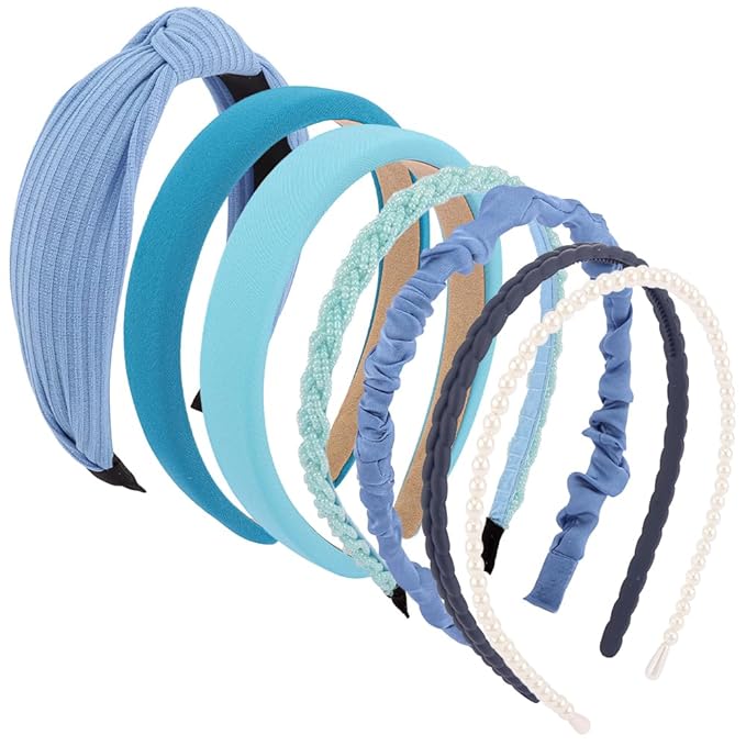 AHONEY 7 Pack Blue Headbands for Girls Women Headbands Trendy Non Slip Hairbands Preppy Hair Accessories Multi-style Headband Pack