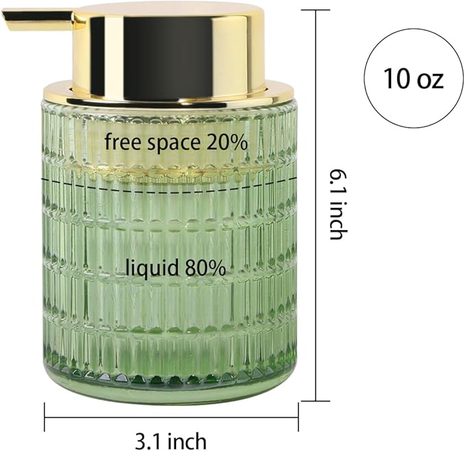 2pcs Green Foaming Soap Dispenser, Glass Foam Hand Soap Dispenser with Gold Pump, 10 Oz Bathroom Refillable Liquid Lotion Pump Ribbed Bottle Container for Countertop Decor
