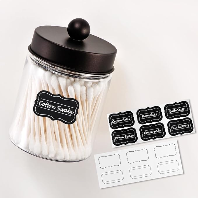3PC Farmhouse Decor Qtip Holder Apothecary Jars Bathroom Vanity Storage Organizer -Countertop Canister Container &Cute Stickers for Cotton Swab, Ball,Pad,Floss ,Paper Clips (Bronze,Plastic)
