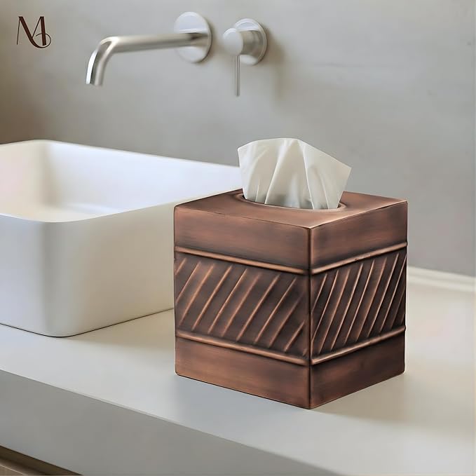 Monarch Abode Tissue Box Cover Square – Handcrafted Wave Embossed Antique Copper Metal Tissue Holder Box for Bathroom Accessory, Aesthetic Decorative Facial Napkin Cube for Modern Home Decor