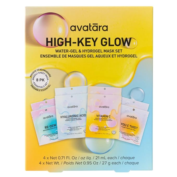 Avatara High-Key Glow 8-Pack Water-gel & Hydrogel Variety Sheet Mask Set, 2 Each: Hyaluronic Acid, Vitamin C, You C This?, Re-Dew | 0.71 fl. oz / 21 mL & 0.95 oz / 27 g