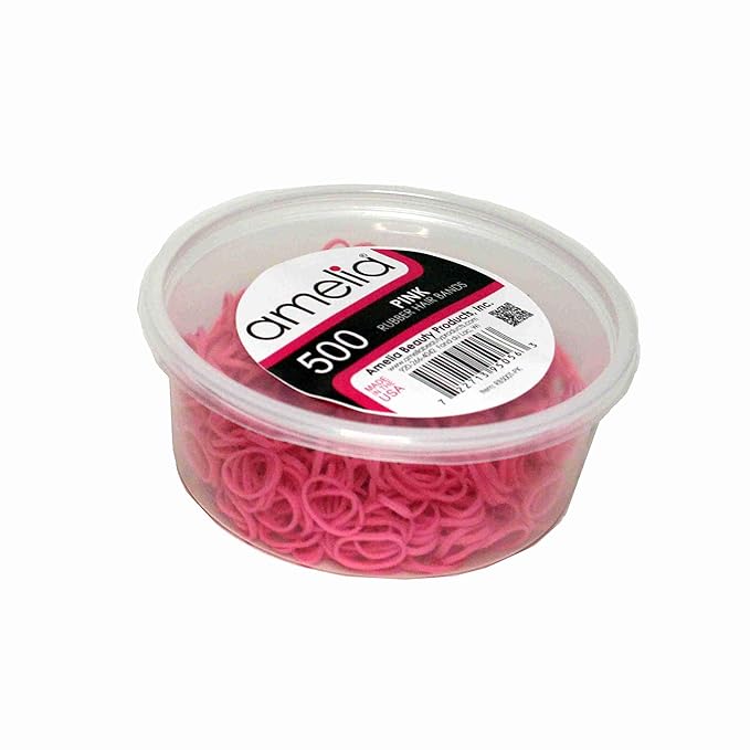 Amelia Beauty 500 Count Small Rubber Bands for Hair – ½" Pink - Made in USA - Recloseable Container - Mini Hair Elastics for Braids, Ponytails, Cornrows & Twists – Strong Hold Ponytail Holders