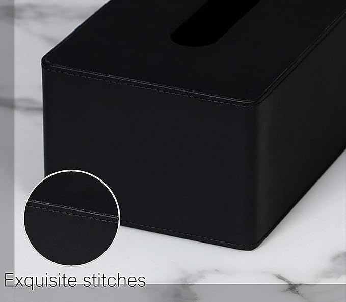 Tissue Box Cover Rectangular 9.8"(L) x 5.3"(W) x 4.3"(H) Refined Modern PU Leather Facial Tissue Dispenser Box Holder for Dresser Bathroom Decorative (Black)