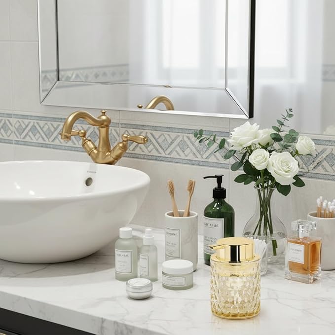 Amber Foaming Soap Dispenser, Glass Soap Dispenser with Gold Pump, Bathroom Refillable 10 Oz Lotion Shampoo Pump Container Vintage Diamond Bottle for Bathroom and Kitchen