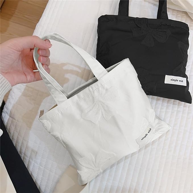 Wudygirl Bow Makeup Bag Travel Cosmetic Bag for Women Small Makeup Pouch with Handle Zipper Cosmetic Pouch Handbag Aesthetic (White Bow)