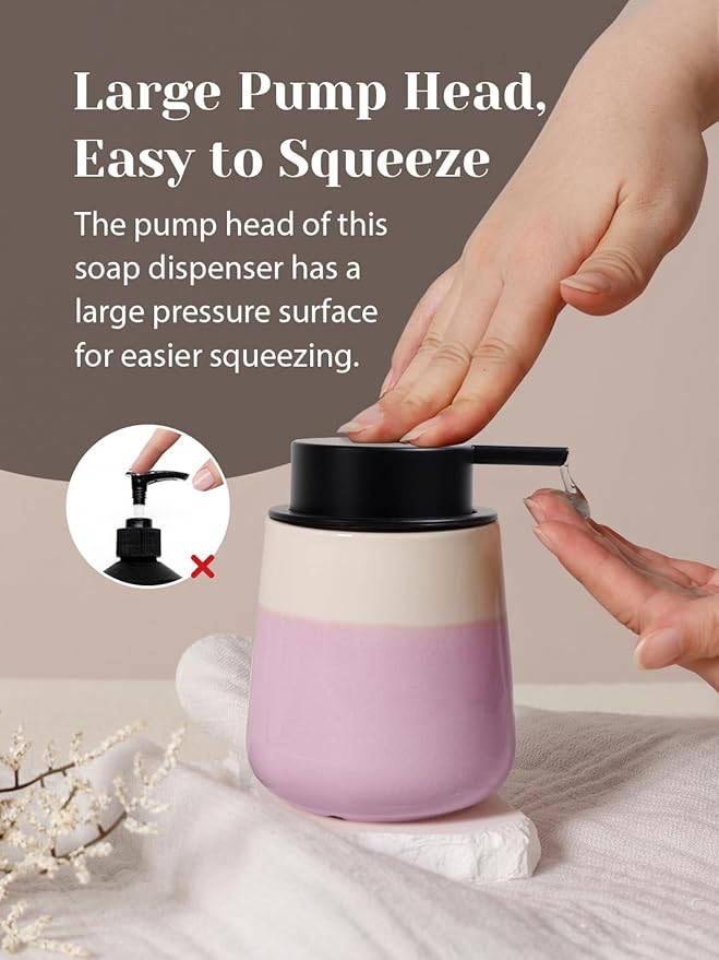 INGOFIN Ceramic Hand Soap Dispenser - 12 oz Liquid Lotion Dispenser Bathroom, Refillable Modern Dish Soap Dispenser with Pump for Kitchen, Beige and Pink