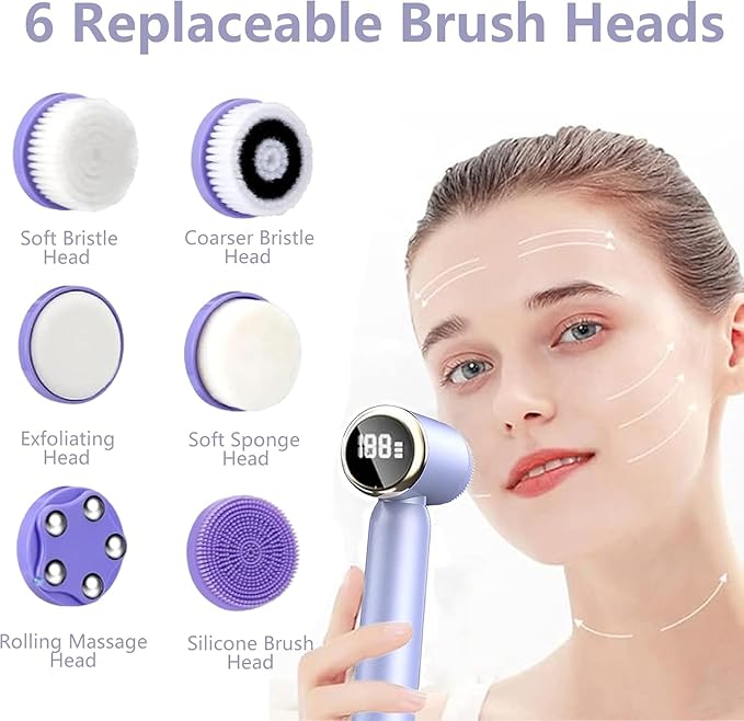 6-in-1 Facial Cleansing Brush Electric Face Scrubber – 3-Speed Waterproof Spin Brush with 6 Replacement Heads, Rechargeable Deep Pore Cleanser for Dry, Oily & Sensitive Skin (Purple)