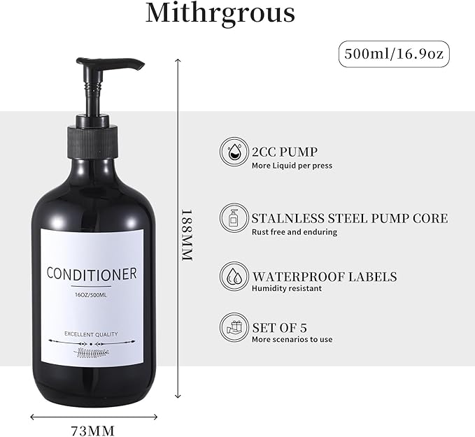 Stylish Shampoo Dispenser Bottles,(5Pack) 16.9oz Black Shampoo Bottles Refillable with Pump,Shampoo and Conditioner Dispenser