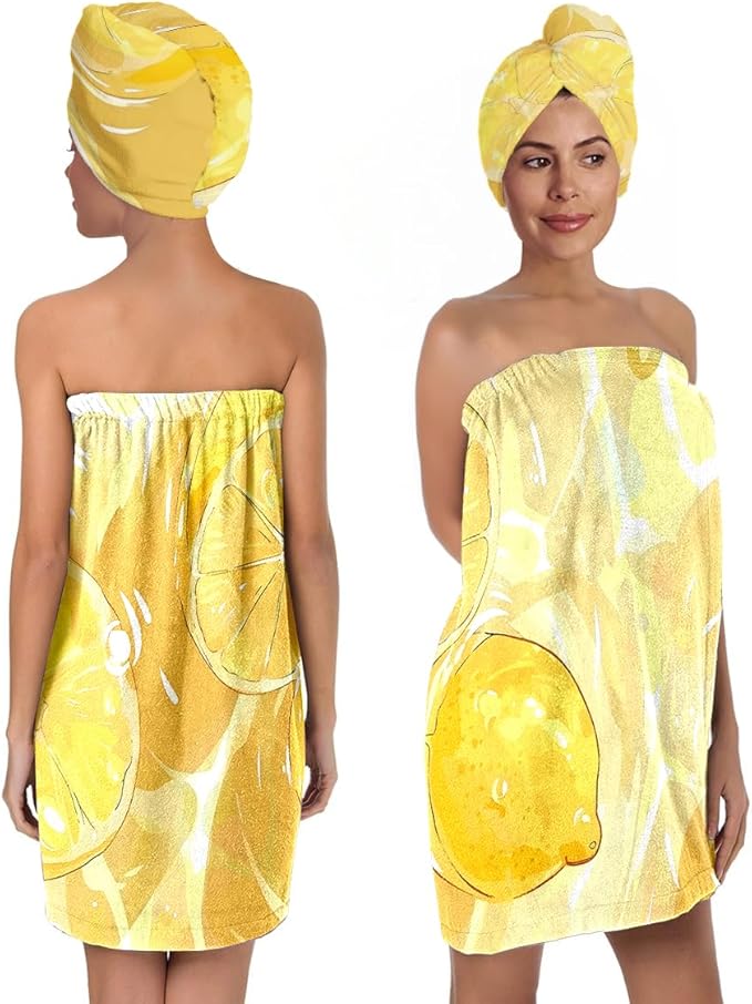 Women’s Citrus Lemon Bath Towel and Hair Wrap Set, Quick-Dry Soft Absorbent Microfiber Shower Body Wrap with Elastic Closure, Lightweight Spa Toweling Ensemble for Home, Gym & Travel (Citrus 5)