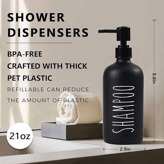 HOMCDALY Shampoo and Conditioner Dispenser Set of 3, 21oz Shower Soap Bottles with Pump, Refillable Shampoo Conditioner Body Wash Dispenser, Bathroom Shower Shampoo Bottles, shampoo container(P-Black)