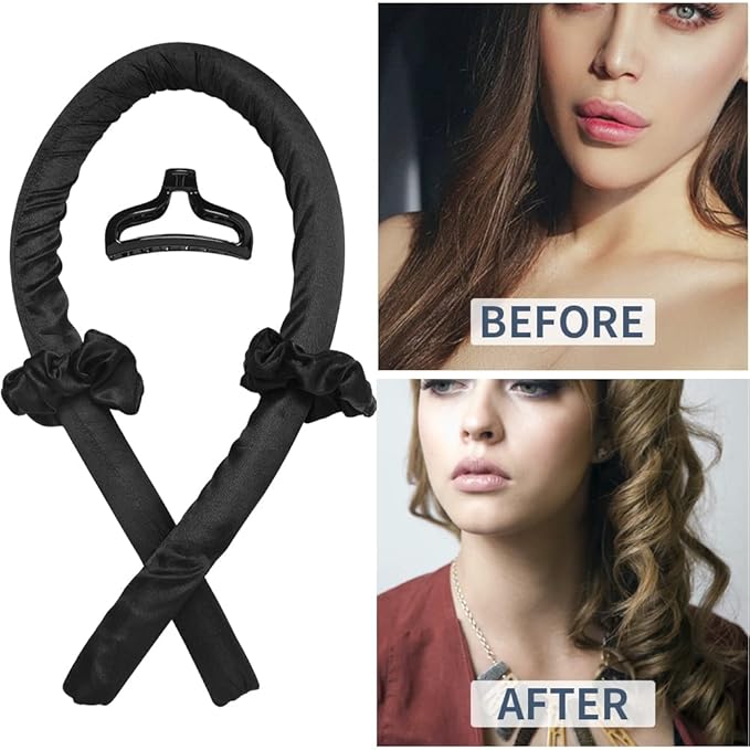 Heatless Curling Rod Headband No Heat Silk Ribbon Curling Rod Hair Roller Curls with Hair Claw Clip Lazy Natural Soft Wave DIY Hair Rollers Styling Tool for Sleep in Overnight (Black)