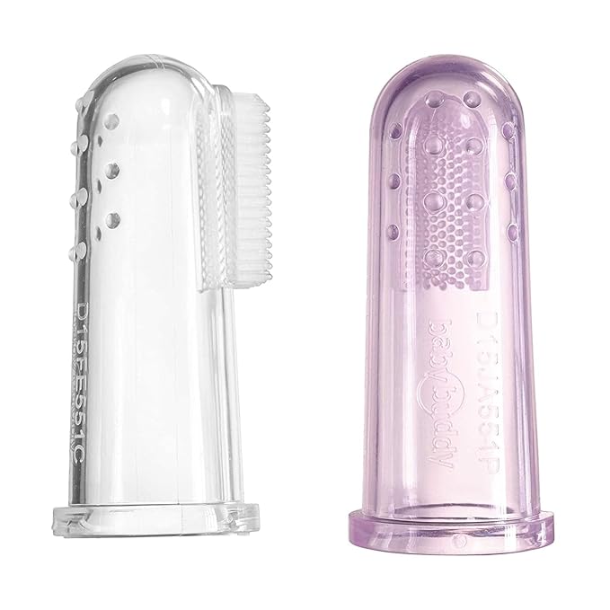 Brilliant Baby Finger Toothbrush - Silicone Teether Brush and Gum Massager for Babies and Toddlers, 3 Months Old and Up, Gum and Tooth Cleaning Essentials for Baby/Toddler, Pink/Clear, 2 Brush Set
