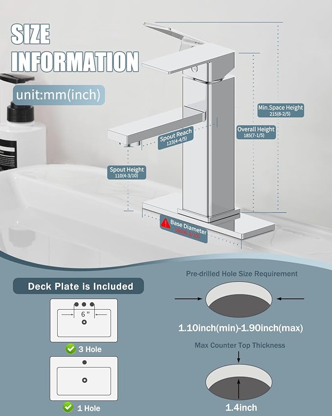 Bathroom Faucet, Bathroom Sink Faucets with Pop-up Drain and Deck Plate, Single Hole Vanity Sink Faucet for Modern Farmhouse RV Vessel Sink (1~3 Holes), Chrome