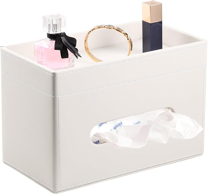 LAMOTI Rectangular Tissue Box Cover with Storage Tray, Leather Facial Tissue Box Holder for Bathroom, Office Table, Countertop, Night Stand & More (White)