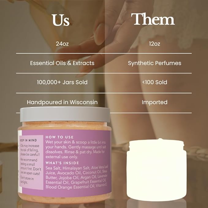 Bare Botanics Body Scrub 24 oz - Naturally Scented Salt Scrub Made in Madison WI - Formulated w/Skin Loving Moisturizers - Cruelty Free Exfoliator w/a Cute Wooden Spoon - Himalayan Lavender Citrus