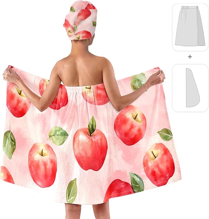 Women’s Pink Watercolor Apple Bath Wrap and Hair Towel Set, Soft Absorbent Microfiber Shower Body Skirt with Elastic Closure, Quick-Dry Lightweight Spa Toweling for Home, Gym & Travel (Apple 3)