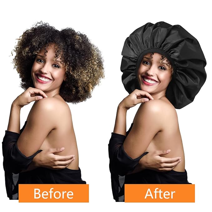 Auban Extra Large Shower Cap, Double-Layer Waterproof Reusable, XL Satin Lining Shower Bonnet for Women Thick, Long Hair, Locs, Braids(Black)