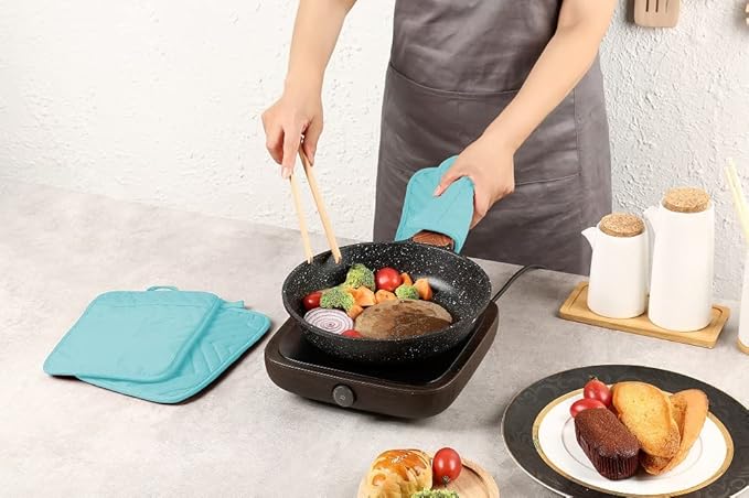 Oven Pot Holder with Pocket Cotton Heat Resistant Coaster Potholder Kitchen Hot Pad Oven Mitts for Cooking Square 7"x9"Set of 5 (Aqua)