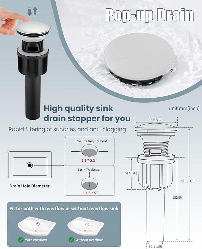 Bathroom Faucet-2 Sets, Brushed Bathroom Sink Faucets with Pop-up Drain and 6 Inch Deck Plate, Single Handle Modern Farmhouse RV Vanity Faucet for Vessel Sink (1~3 Holes)