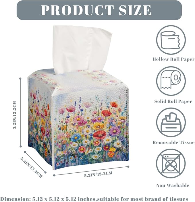 Flower Tissue Box Cover Vibrant Watercolor Bloom Field Dreamy Spring Art Square PU Leather Waterproof Tissue Box Holder for Car Bathroom Bedroom Office Tabletop Decor