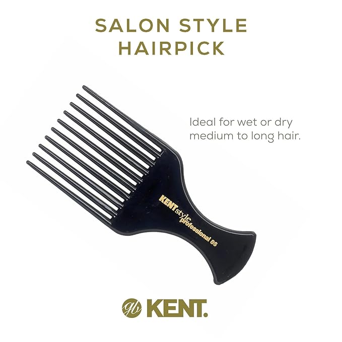 Kent SPC86 Black Salon-Style Professional Pick and Barber Comb - Afro Parting Comb for the Care of Curly and Thick Hair - Sleek style comb,Anti-Fatigue with a Rubberized Professional Finish