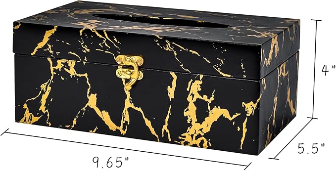 Black and Gold Marble Tissue Box Cover, Modern Tissue Box Holder with Lock for Bathroom, Bedroom, and Living Room, Rectangle Shape Dryer Sheet Holder Organizer