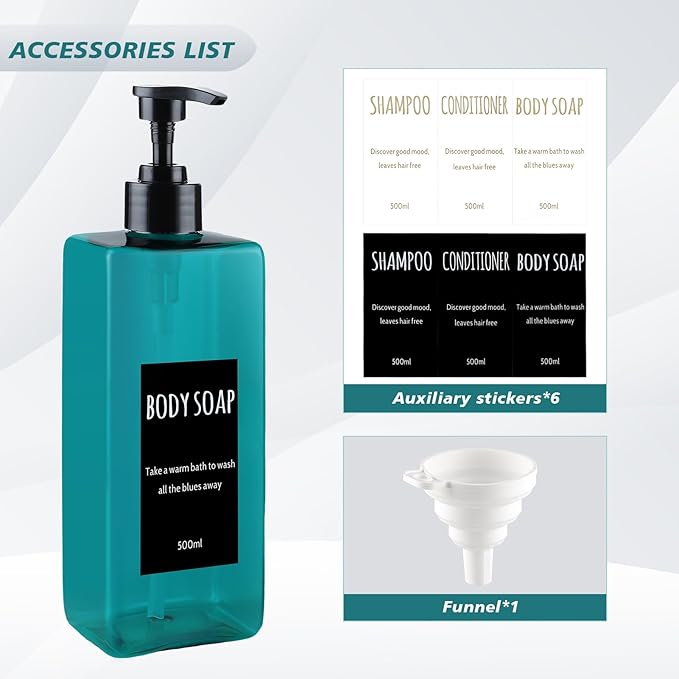 Shampoo and Conditioner Dispenser (Set of 2, 16.9oz) Modern Refillable Shampoo Pump Bottles for Shower Soap - Empty Body Wash Dispenser Set for Bathroom (Blue)