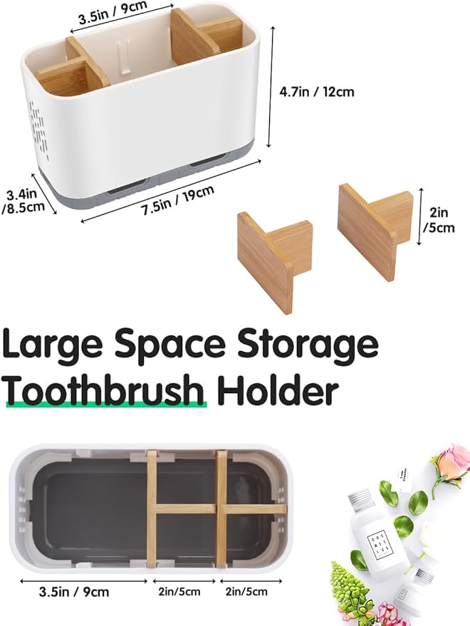 Toothbrush Holders for Bathrooms - Bamboo Divider Toothbrush and Toothpaste Holder with Drainage, Kids Electric Toothbrush Organizer for Bathroom Countertop, White Tooth Brush Holder