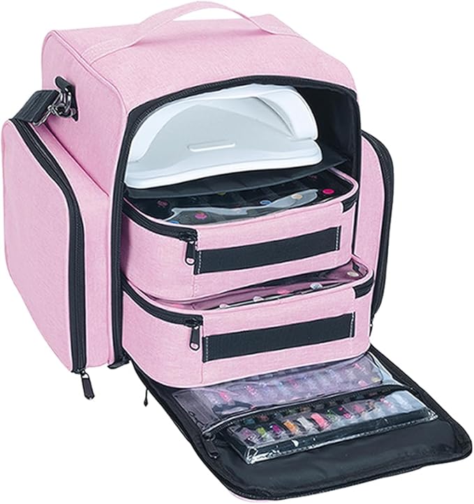 Nail Polish Organizer Holds 60 Bottles and a Nail Lamp,Portable Travel Case with 2 Removable Bags and Tools Storage Pockets Pink