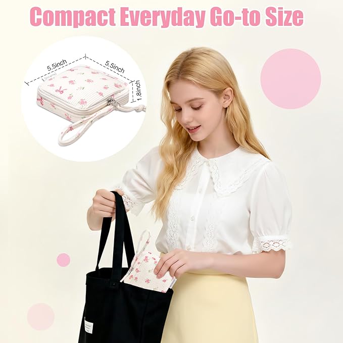 Small Makeup Bag | Discreet Period Bag Pad Pouch for Purse| Sanitary Napkin Storage & Tampon Holder for Travel(Flower bow beige)