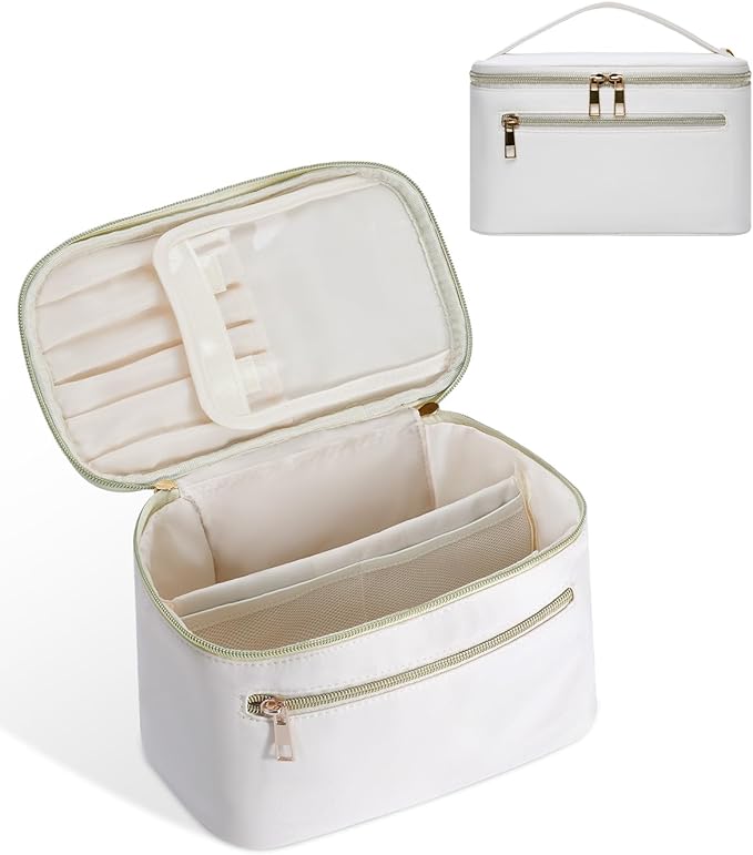 Wandering Nature Makeup Bag, Travel Make Up Bag with Divider, Makeup Case Organizer for Women in Fabric, White