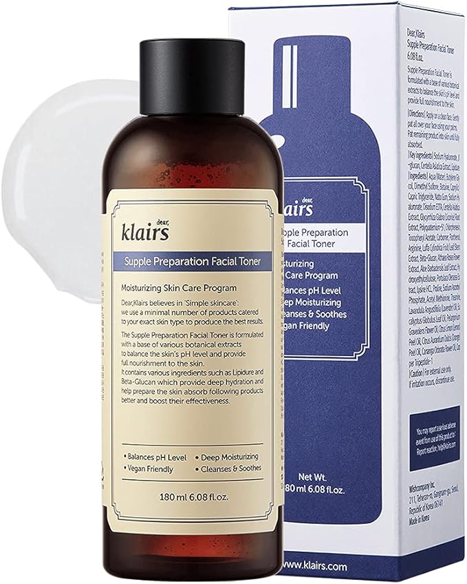 DearKlairs Supple Preparation Facial Toner- Balace pH Level, Deep Moisturizer, Korean Skin Care, Hydrating, Vegan Friendly 6.08 Fl Oz