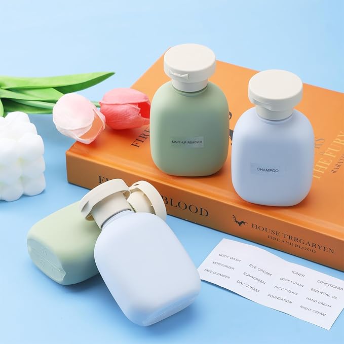 3.4 oz Plastic Small Travel Shampoo Bottles, 4 Pack Empty Refillable Leak-Proof Squeeze Containers with Flip Cap for Toiletries Conditioner Lotion Creams Body Wash, Includes Labels (Green, Blue)