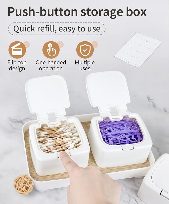 2-Pack Floss Pick Holder and Qtip Holder with One-Touch Opening, Quick Refill for Floss Picks, Cotton Swabs, Balls, Pads - Bathroom Organizers and Storage, Vanity Makeup Storage Organizer